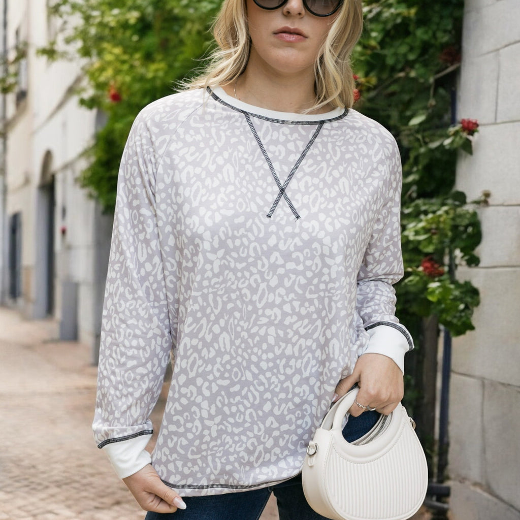 Anna-Kaci Women's Leopard Print Long Sleeve Pullover Top with Ribbed Cuffs and Crew Neckline