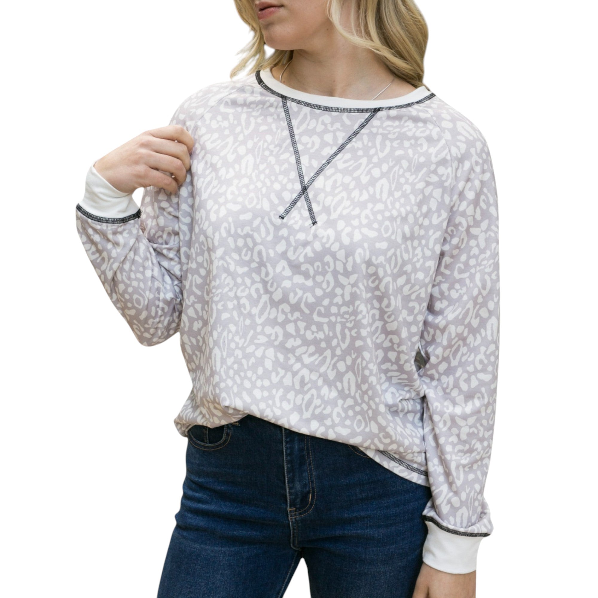 Anna-Kaci Women's Leopard Print Long Sleeve Pullover Top with Ribbed Cuffs and Crew Neckline
