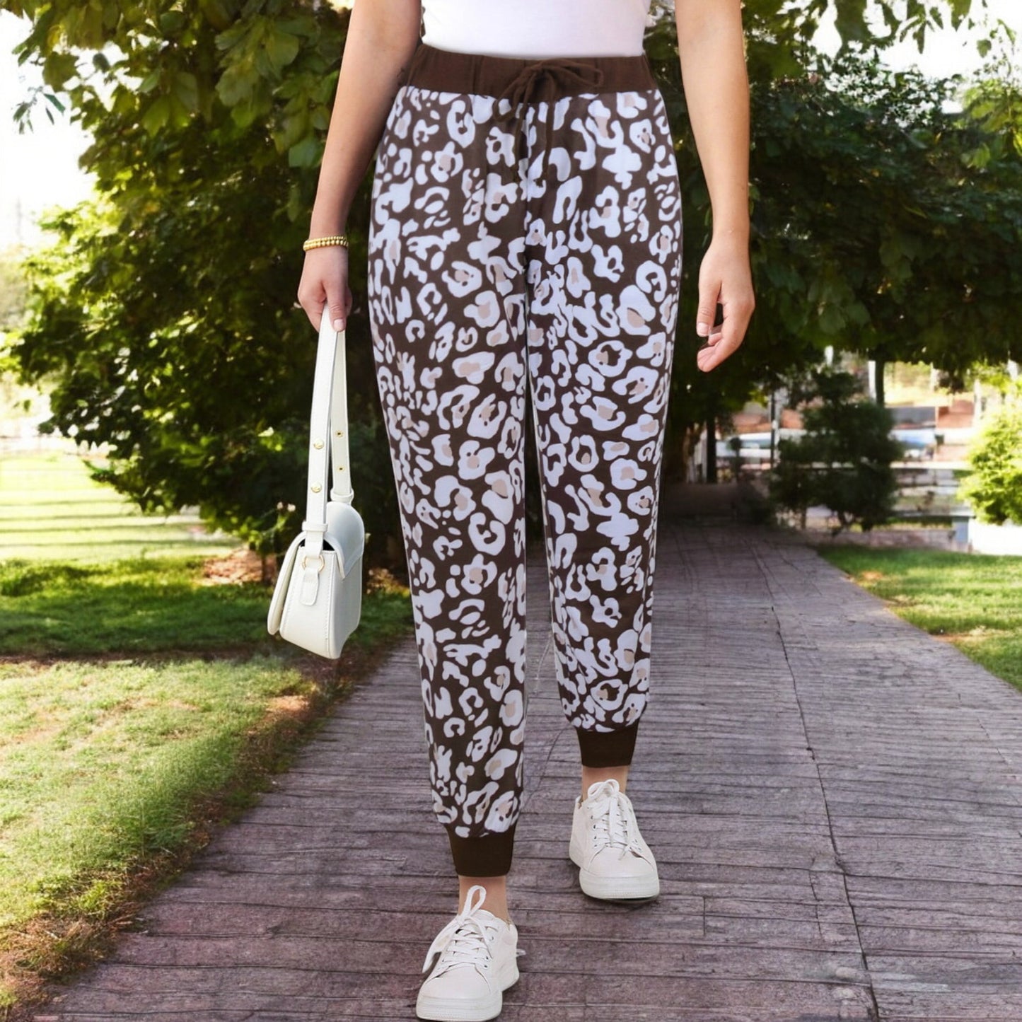 Anna-Kaci Women's Leopard Print Jogger Pants with Adjustable Drawstring Waist and Ribbed Cuffs