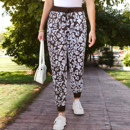 Anna-Kaci Women's Leopard Print Jogger Pants with Adjustable Drawstring Waist and Ribbed Cuffs