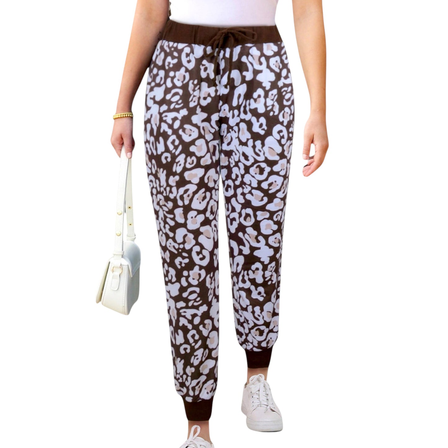 Anna-Kaci Women's Leopard Print Jogger Pants with Adjustable Drawstring Waist and Ribbed Cuffs