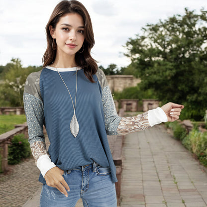 Anna-Kaci Women's Mixed Print Long Sleeve Waffle Knit Top with Contrast Sleeves