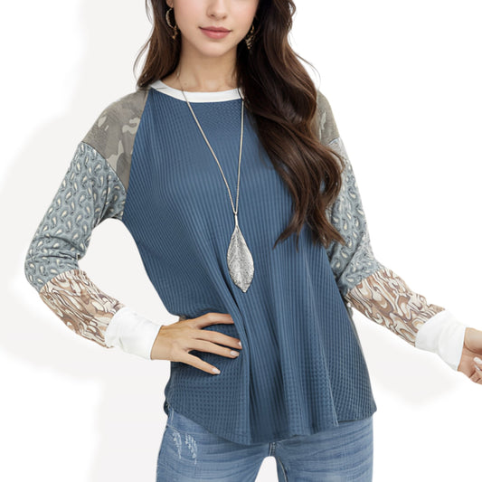 Anna-Kaci Women's Mixed Print Long Sleeve Waffle Knit Top with Contrast Sleeves