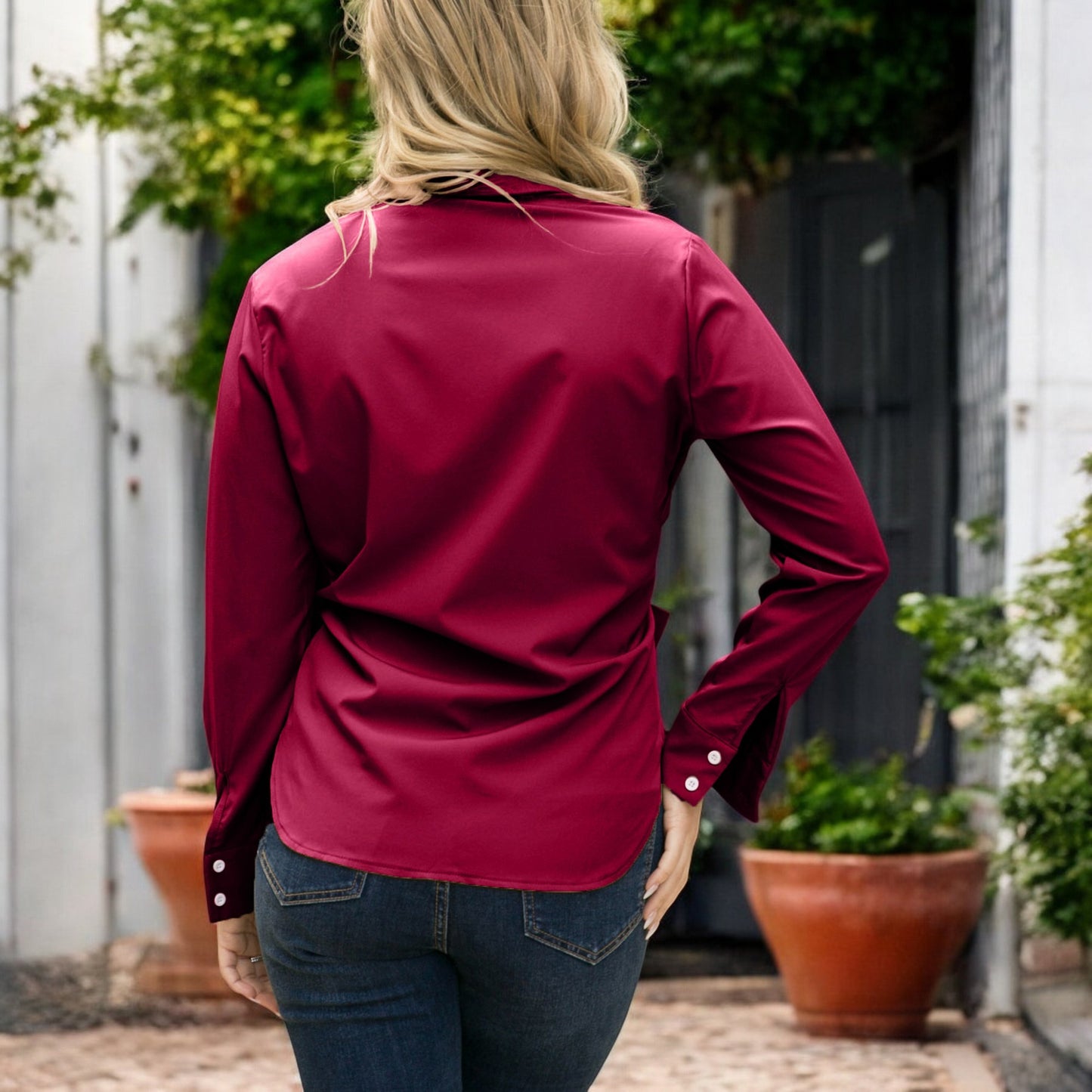 Anna-Kaci Women's Long Sleeve Button Down Shirt with Front Chest Pockets and Adjustable Side Tie Accents