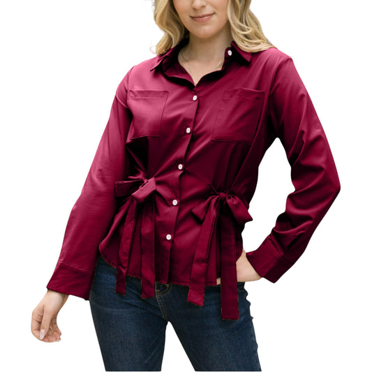 Anna-Kaci Women's Long Sleeve Button Down Shirt with Front Chest Pockets and Adjustable Side Tie Accents