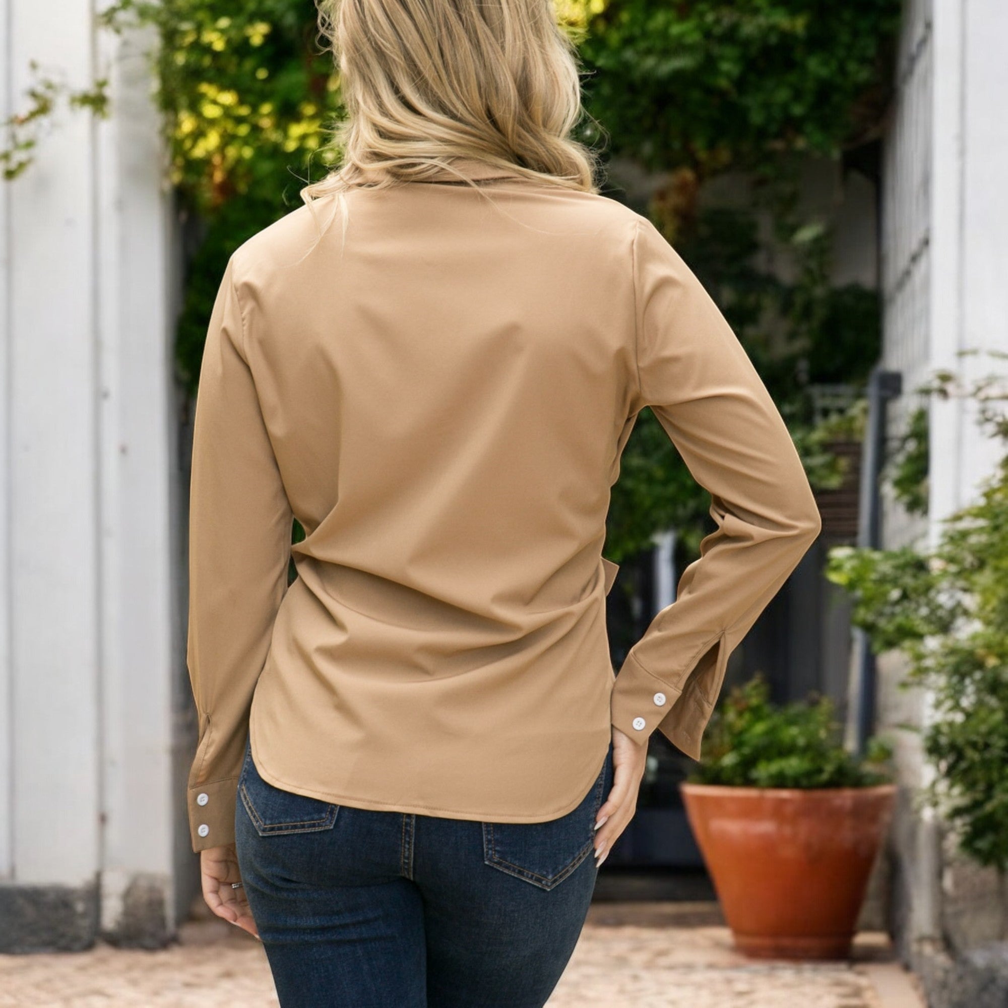 Anna-Kaci Women's Long Sleeve Button Down Shirt with Front Chest Pockets and Adjustable Side Tie Accents