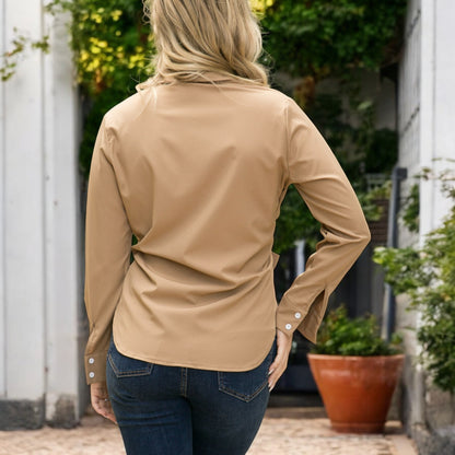 Anna-Kaci Women's Long Sleeve Button Down Shirt with Front Chest Pockets and Adjustable Side Tie Accents