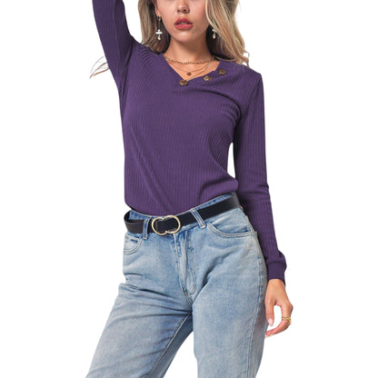 Anna-Kaci Women's Long Sleeve Knit Top with Asymmetrical Button Detail and Ribbed Texture