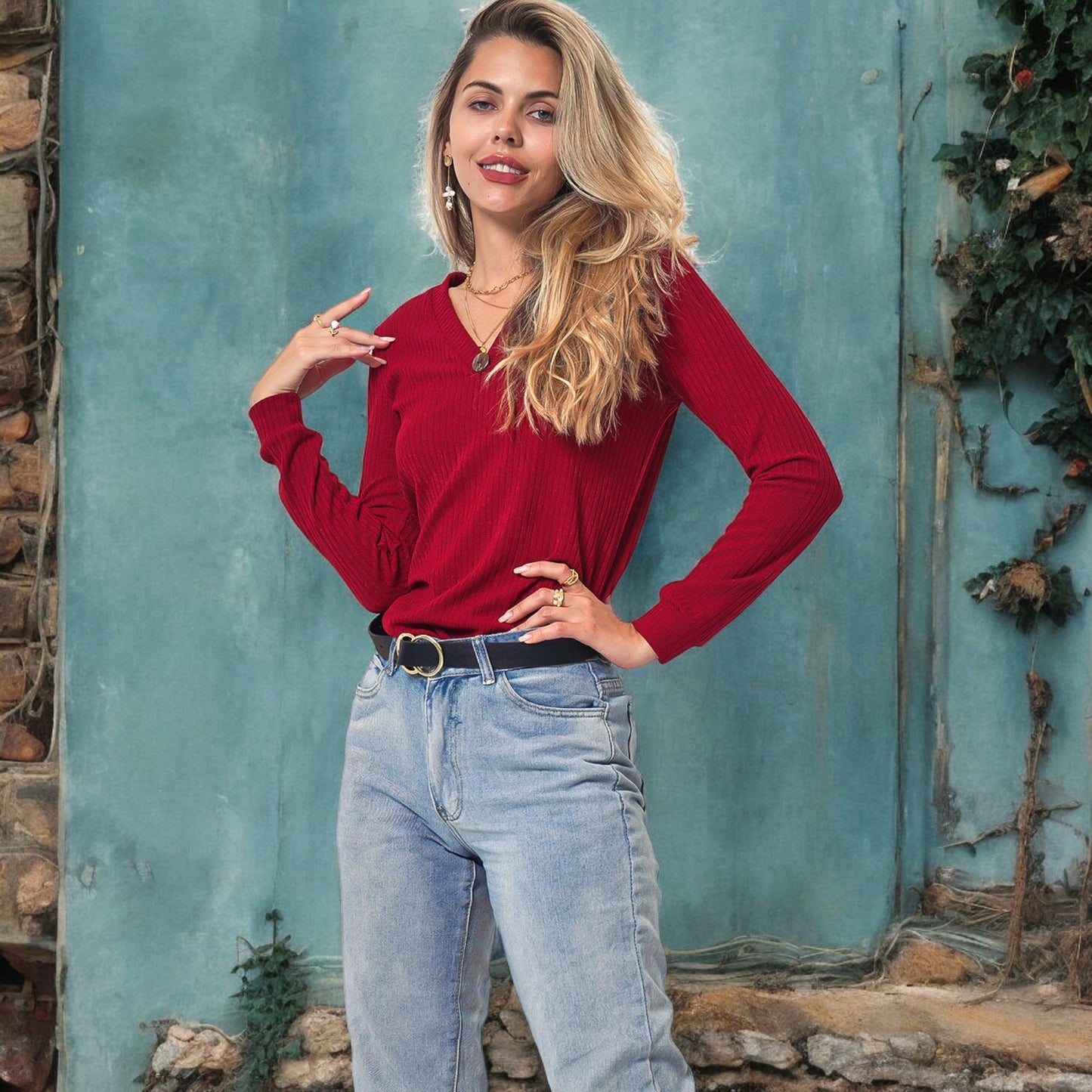 Anna-Kaci Women's Long Sleeve Knit Top with Asymmetrical Button Detail and Ribbed Texture