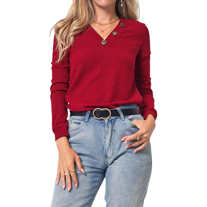 Anna-Kaci Women's Long Sleeve Knit Top with Asymmetrical Button Detail and Ribbed Texture