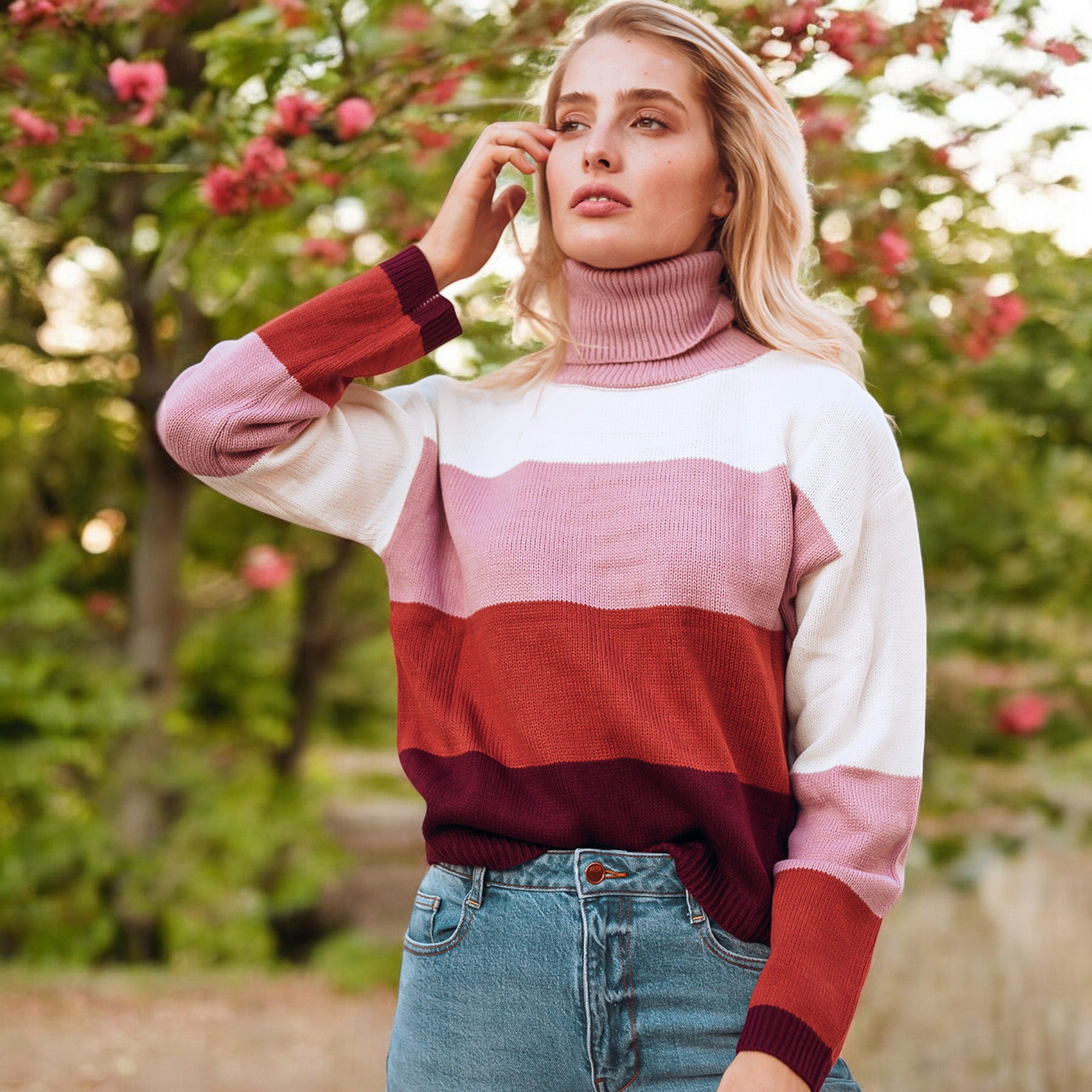 Anna-Kaci Women's Striped Turtleneck Knit Pullover Sweater with Long Sleeves