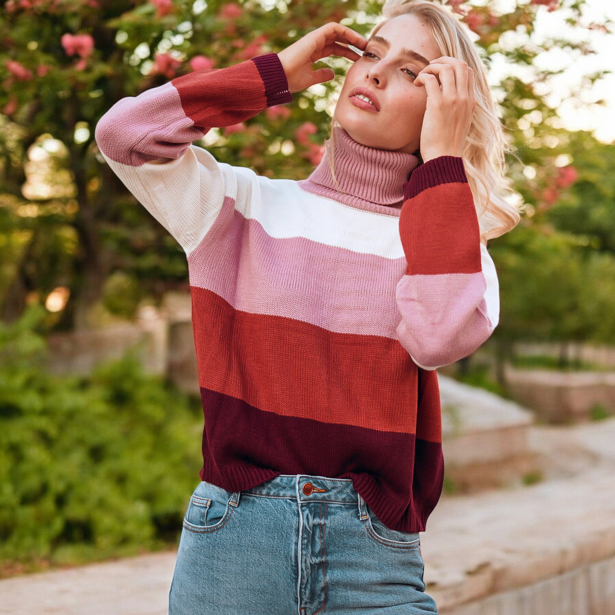 Anna-Kaci Women's Striped Turtleneck Knit Pullover Sweater with Long Sleeves