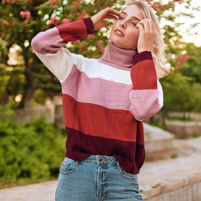 Anna-Kaci Women's Striped Turtleneck Knit Pullover Sweater with Long Sleeves