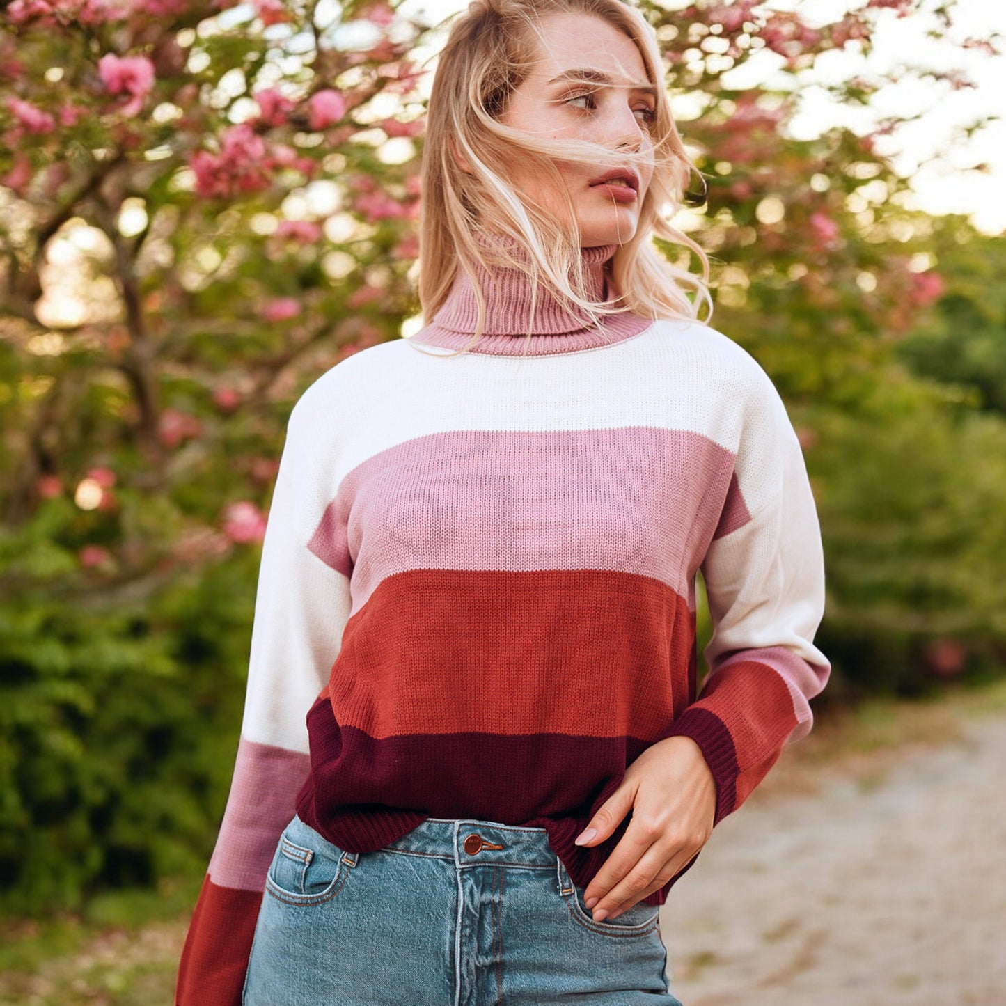 Anna-Kaci Women's Striped Turtleneck Knit Pullover Sweater with Long Sleeves
