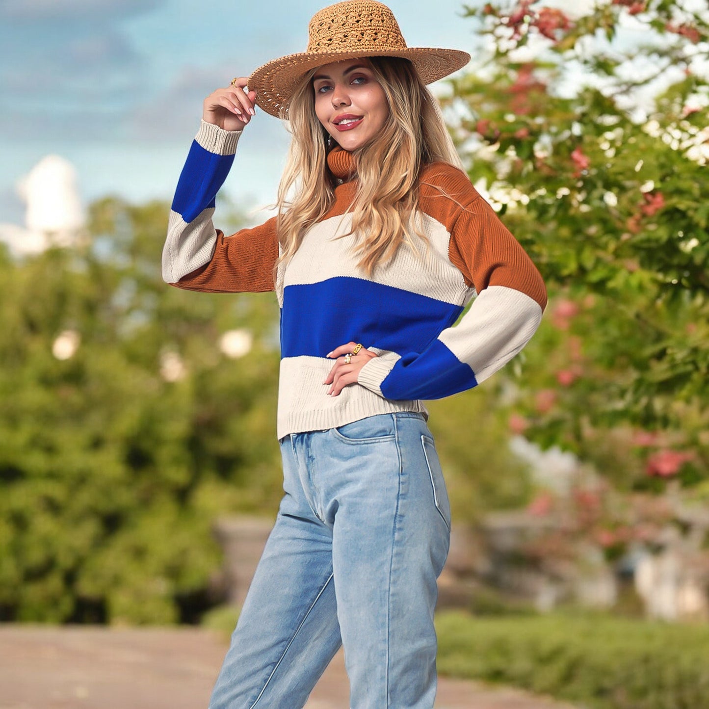 Anna-Kaci Women's Striped Turtleneck Knit Pullover Sweater with Long Sleeves