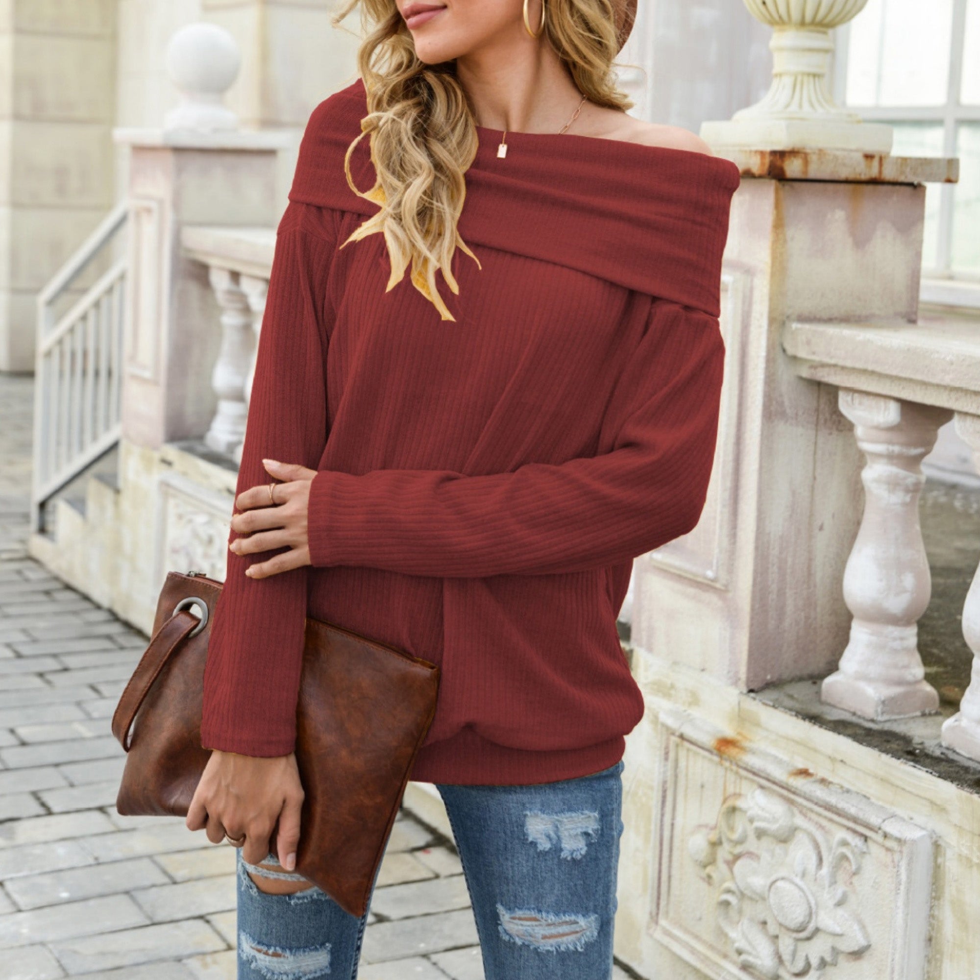 Anna-Kaci Women's Off Shoulder Ribbed Knit Long Sleeve Pullover Top