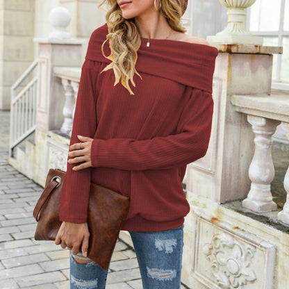 Anna-Kaci Women's Off Shoulder Ribbed Knit Long Sleeve Pullover Top