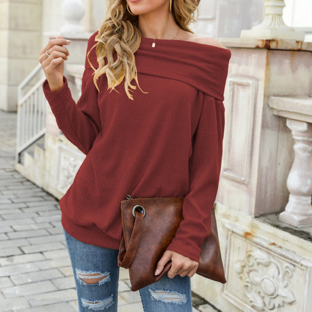 Anna-Kaci Women's Off Shoulder Ribbed Knit Long Sleeve Pullover Top