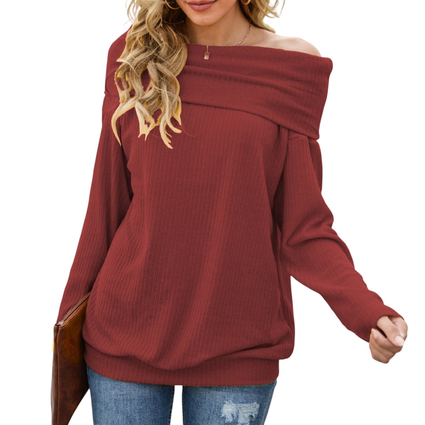 Anna-Kaci Women's Off Shoulder Ribbed Knit Long Sleeve Pullover Top