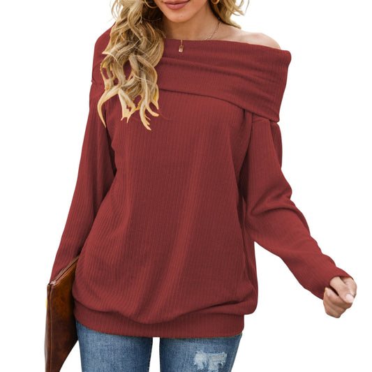 Anna-Kaci Women's Off Shoulder Ribbed Knit Long Sleeve Pullover Top