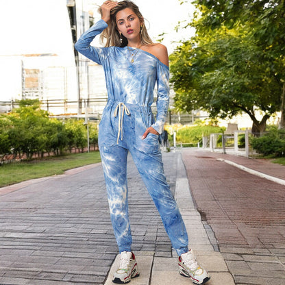 Anna-Kaci Women's Off Shoulder Tie Dye Long Sleeve Jumpsuit with Drawstring Waist and Jogger Style Pants