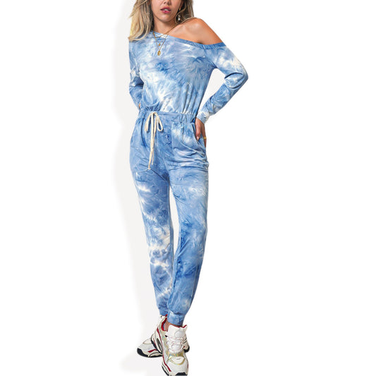 Anna-Kaci Women's Off Shoulder Tie Dye Long Sleeve Jumpsuit with Drawstring Waist and Jogger Style Pants