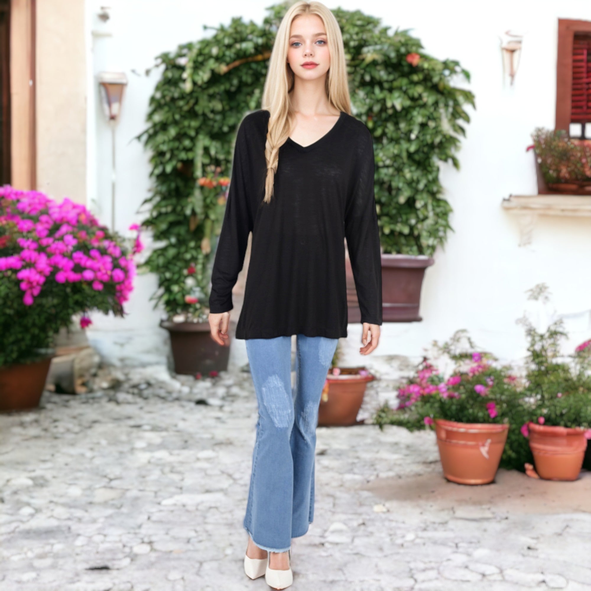 Anna-Kaci Women's V-neck Long Sleeve Tee
