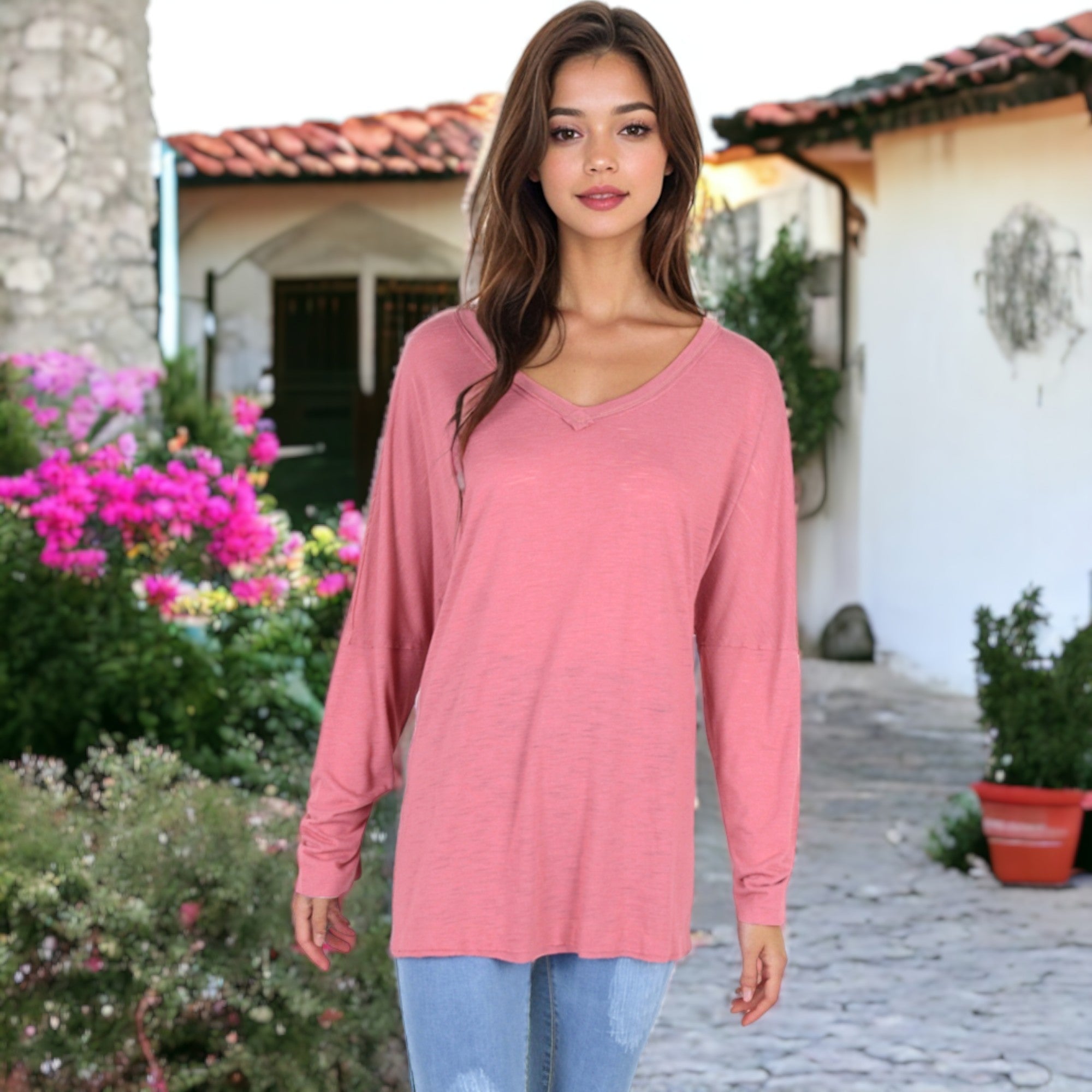 Anna-Kaci Women's V-neck Long Sleeve Tee