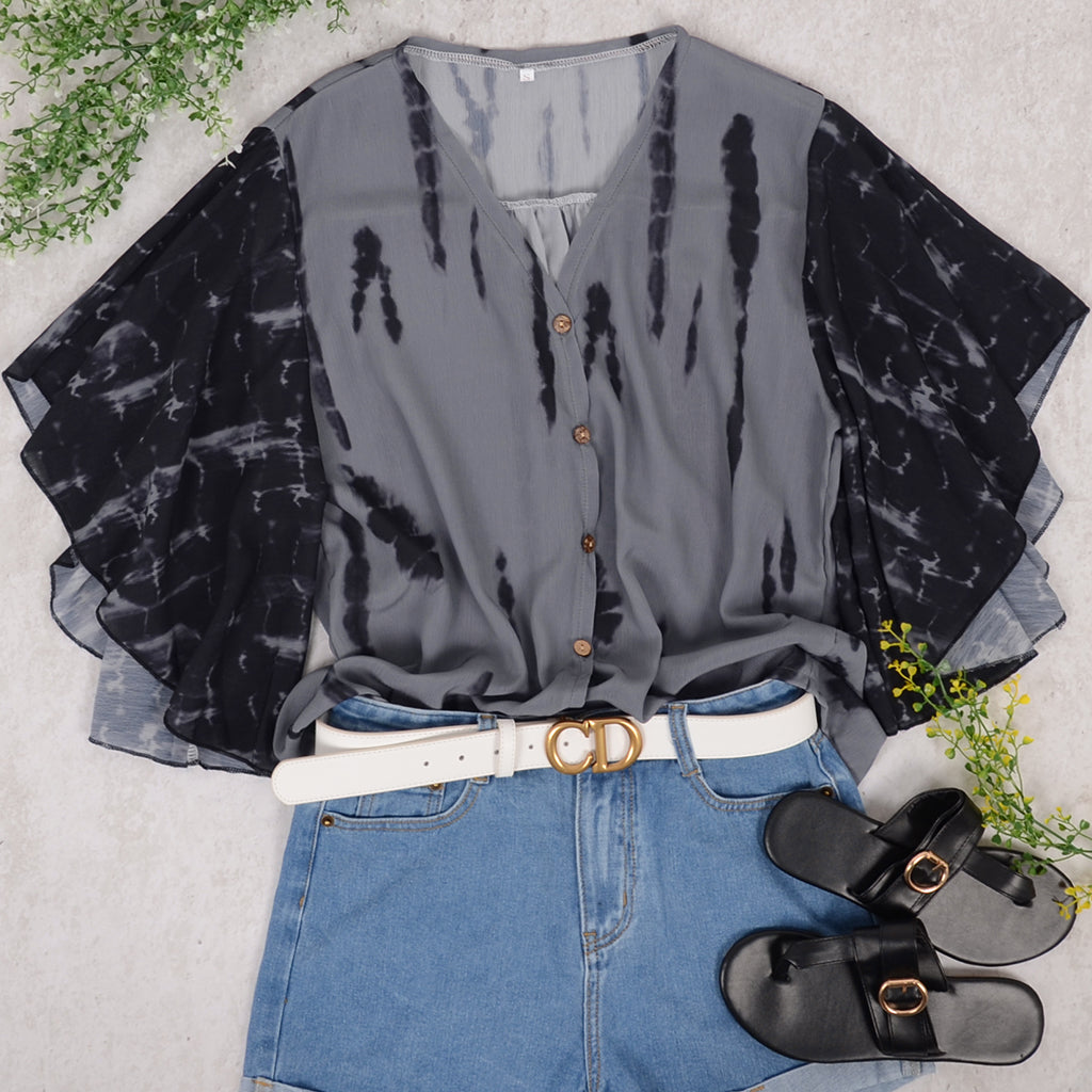Blusa con mangas estilo kimono y efecto tie-dye con botones en la parte delantera para mujer de Anna-Kaci