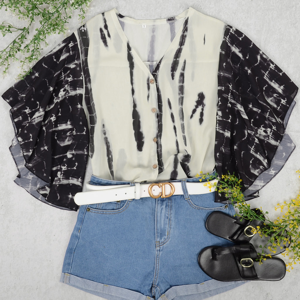 Blusa con mangas estilo kimono y efecto tie-dye con botones en la parte delantera para mujer de Anna-Kaci