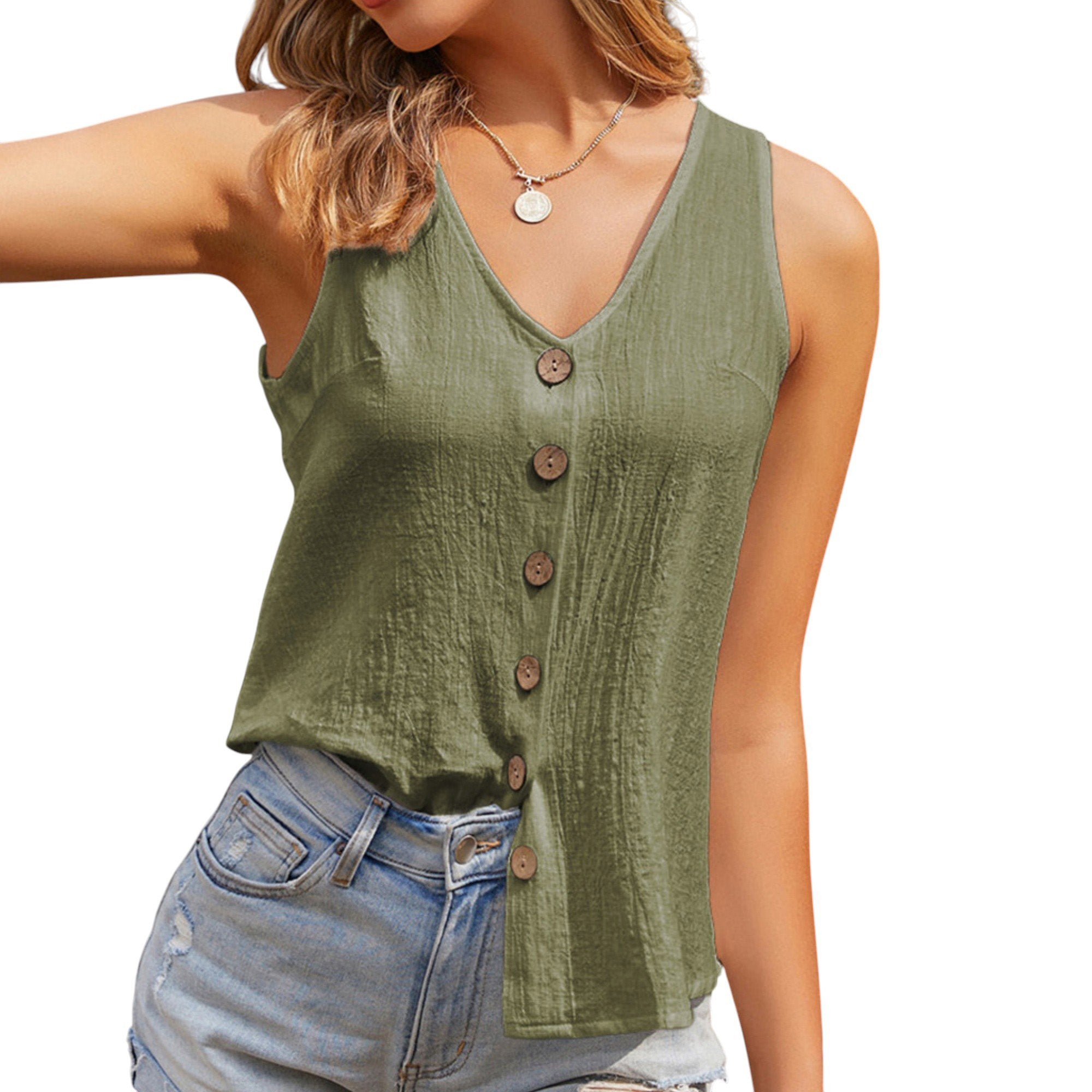 Anna-Kaci Women's Sleeveless V-Neck Button Down Textured Tank Top