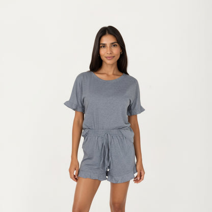 Anna-Kaci Lounge Women's Short Sleeve Ruffle Hem Top and Drawstring Shorts Lounge Set