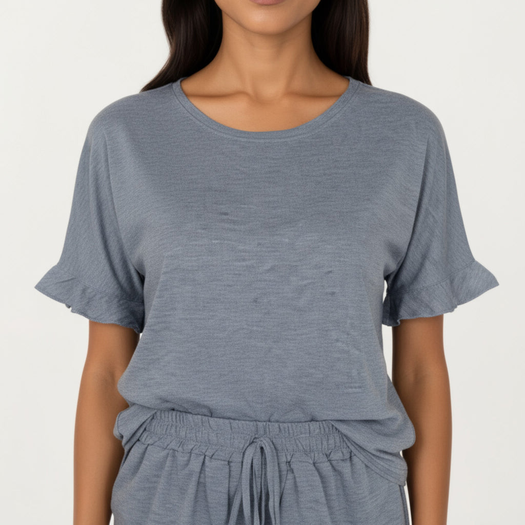 Anna-Kaci Lounge Women's Short Sleeve Ruffle Hem Top and Drawstring Shorts Lounge Set