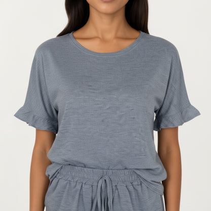 Anna-Kaci Lounge Women's Short Sleeve Ruffle Hem Top and Drawstring Shorts Lounge Set
