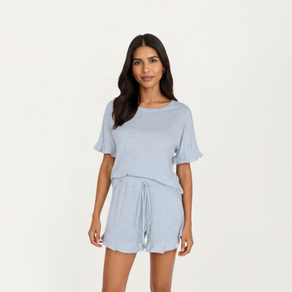 Anna-Kaci Lounge Women's Short Sleeve Ruffle Hem Top and Drawstring Shorts Lounge Set