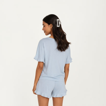 Anna-Kaci Lounge Women's Short Sleeve Ruffle Hem Top and Drawstring Shorts Lounge Set