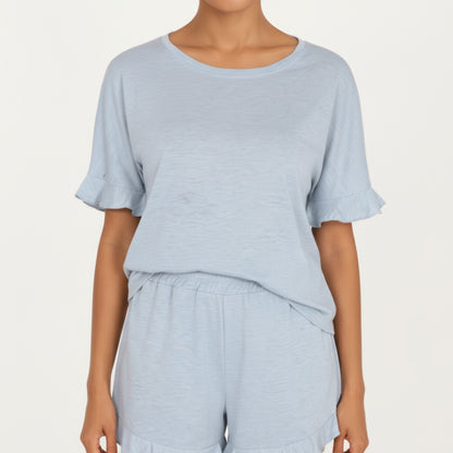Anna-Kaci Lounge Women's Short Sleeve Ruffle Hem Top and Drawstring Shorts Lounge Set