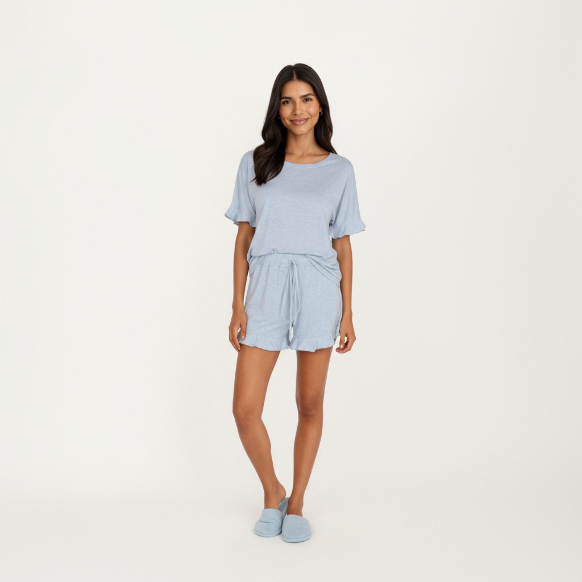 Anna-Kaci Lounge Women's Short Sleeve Ruffle Hem Top and Drawstring Shorts Lounge Set