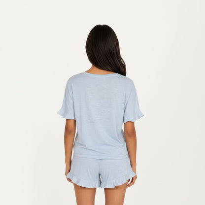 Anna-Kaci Lounge Women's Short Sleeve Ruffle Hem Top and Drawstring Shorts Lounge Set