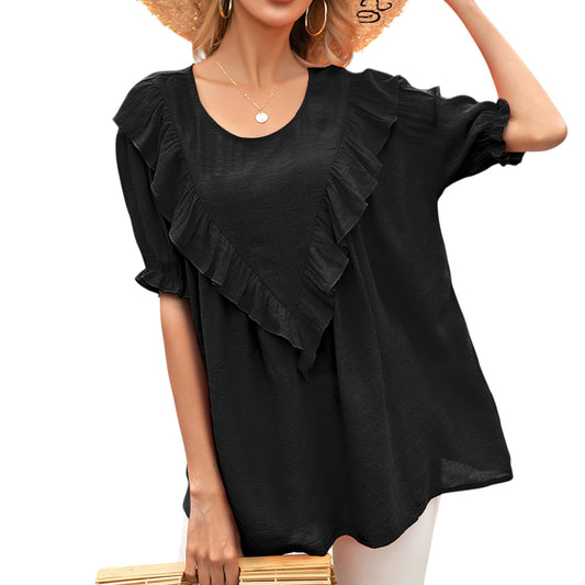 Anna-Kaci Women's Short Sleeve Loose Fit Blouse with Ruffle Trim and Round Neckline