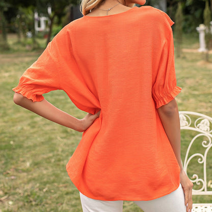 Anna-Kaci Women's Short Sleeve Loose Fit Blouse with Ruffle Trim and Round Neckline