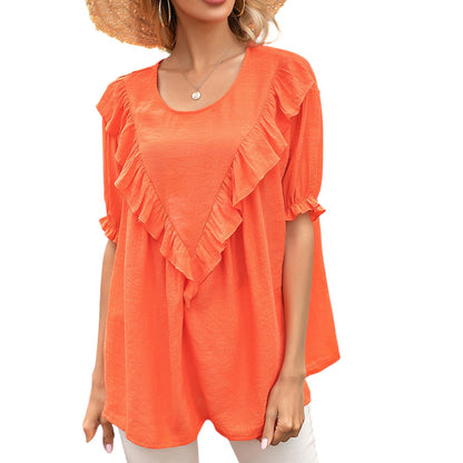 Anna-Kaci Women's Short Sleeve Loose Fit Blouse with Ruffle Trim and Round Neckline
