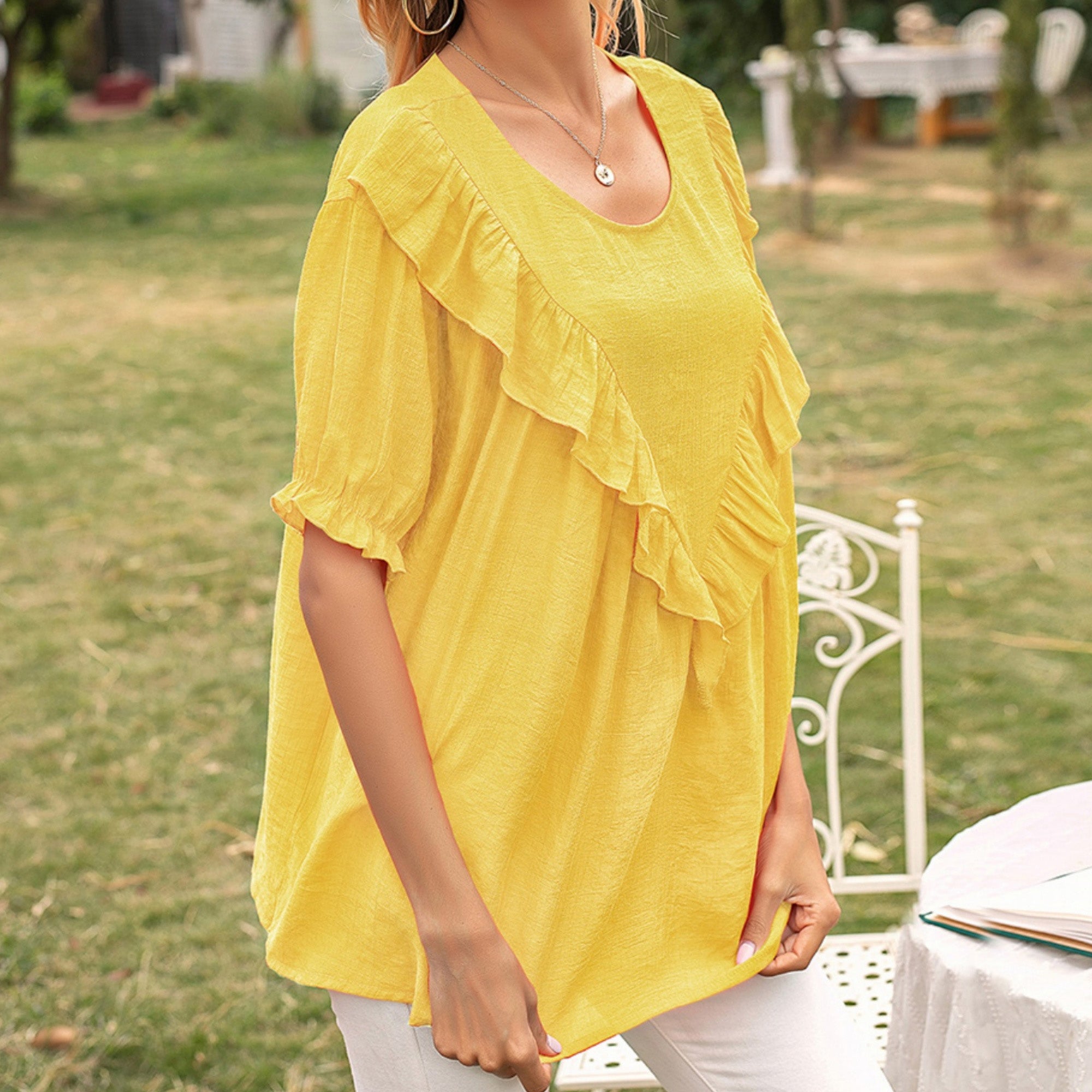 Anna-Kaci Women's Short Sleeve Loose Fit Blouse with Ruffle Trim and Round Neckline