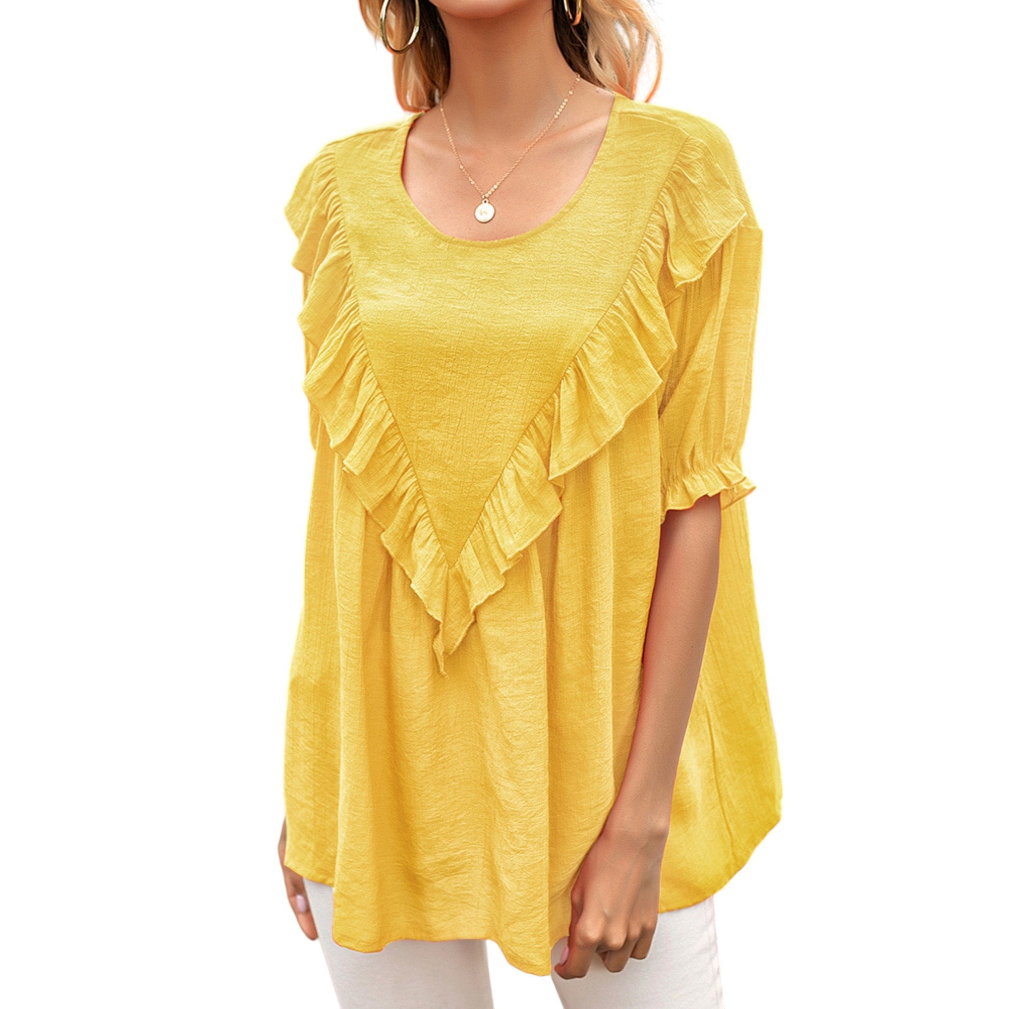 Anna-Kaci Women's Short Sleeve Loose Fit Blouse with Ruffle Trim and Round Neckline