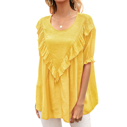 Anna-Kaci Women's Short Sleeve Loose Fit Blouse with Ruffle Trim and Round Neckline