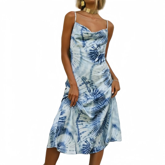 Anna-Kaci Women's Tie Dye Midi Slip Dress with Cowl Neckline and Spaghetti Straps
