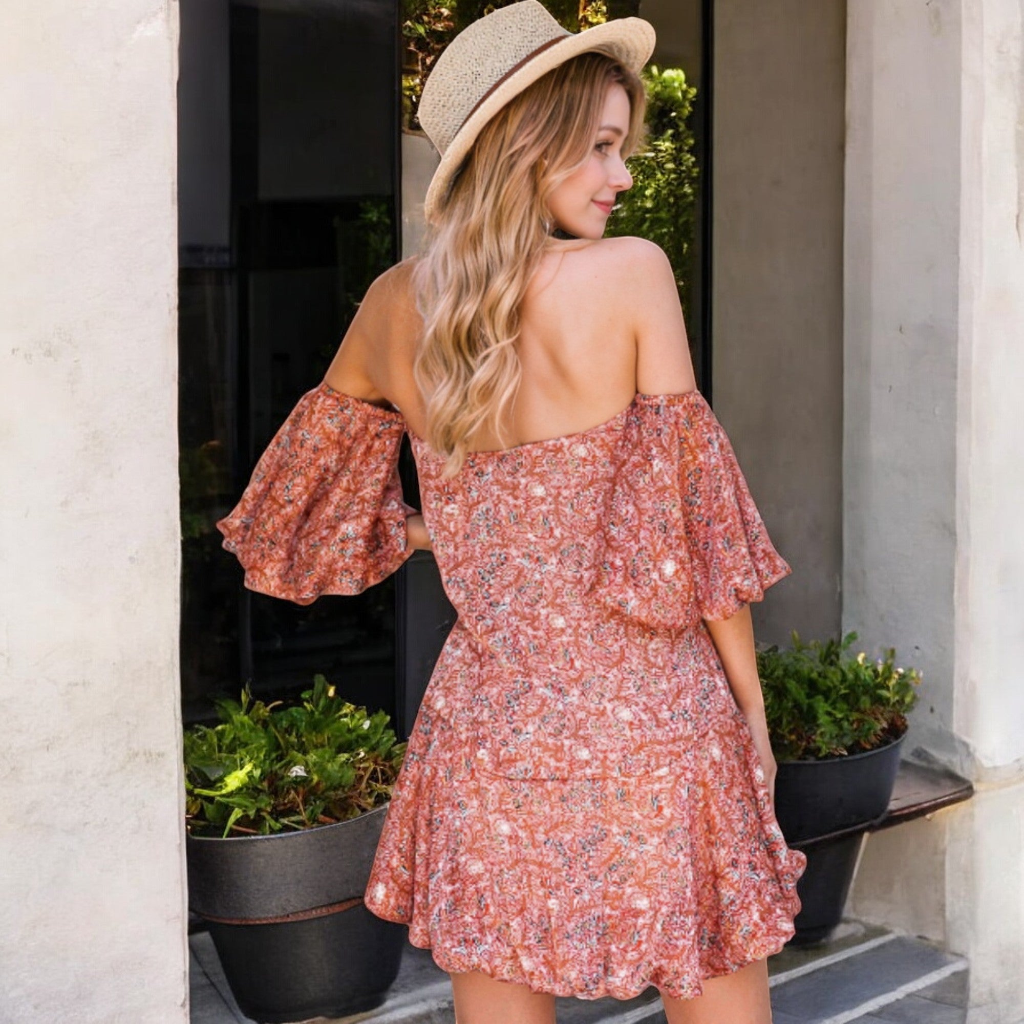 Anna-Kaci Women's Off-Shoulder Dress with Ruffled Sleeves and Hem
