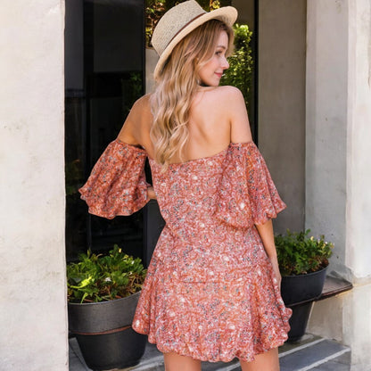 Anna-Kaci Women's Off-Shoulder Dress with Ruffled Sleeves and Hem