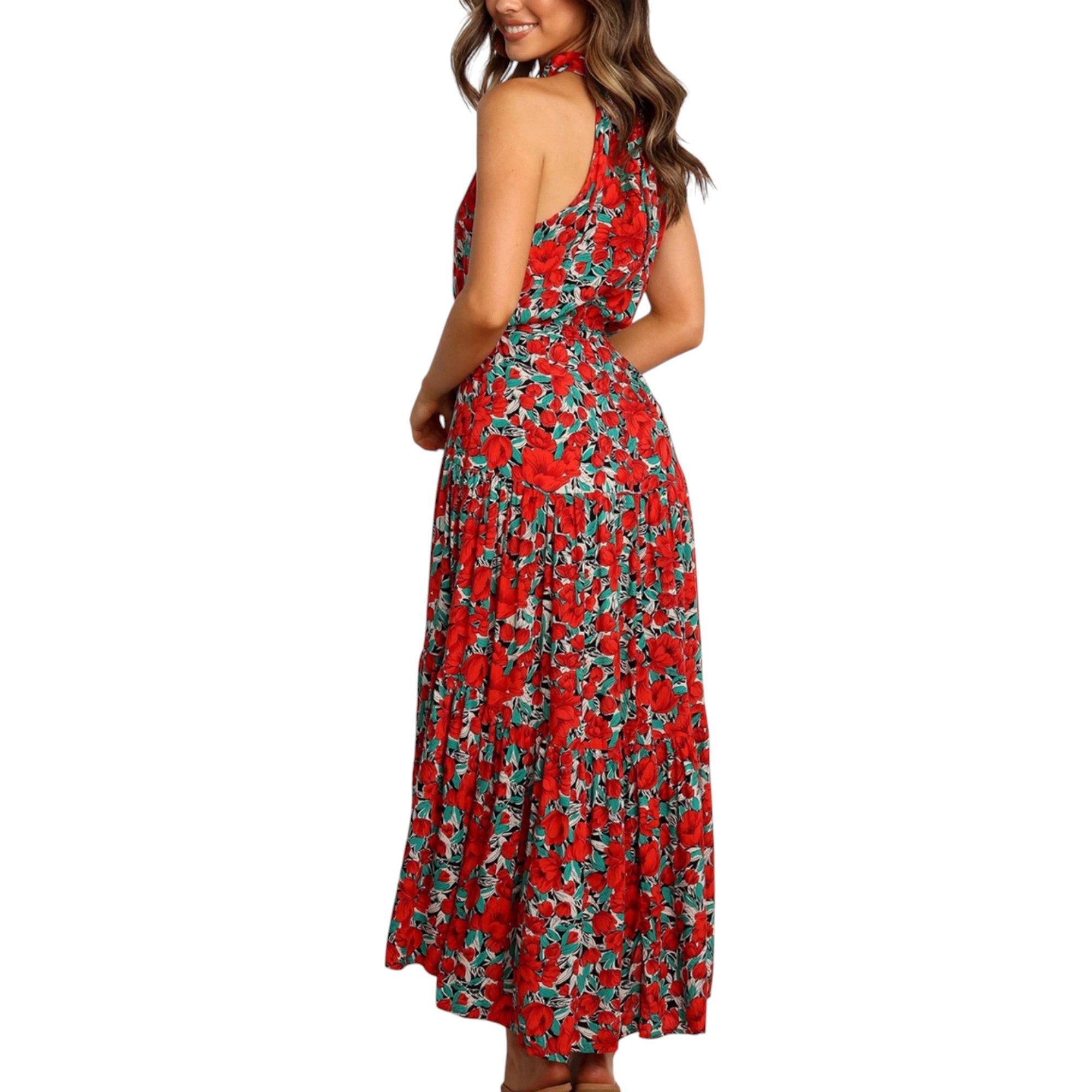 Anna-Kaci Women's Halter Neck Floral Maxi Dress with Waist Tie and Flowing Skirt