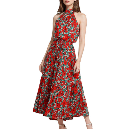 Anna-Kaci Women's Halter Neck Floral Maxi Dress with Waist Tie and Flowing Skirt